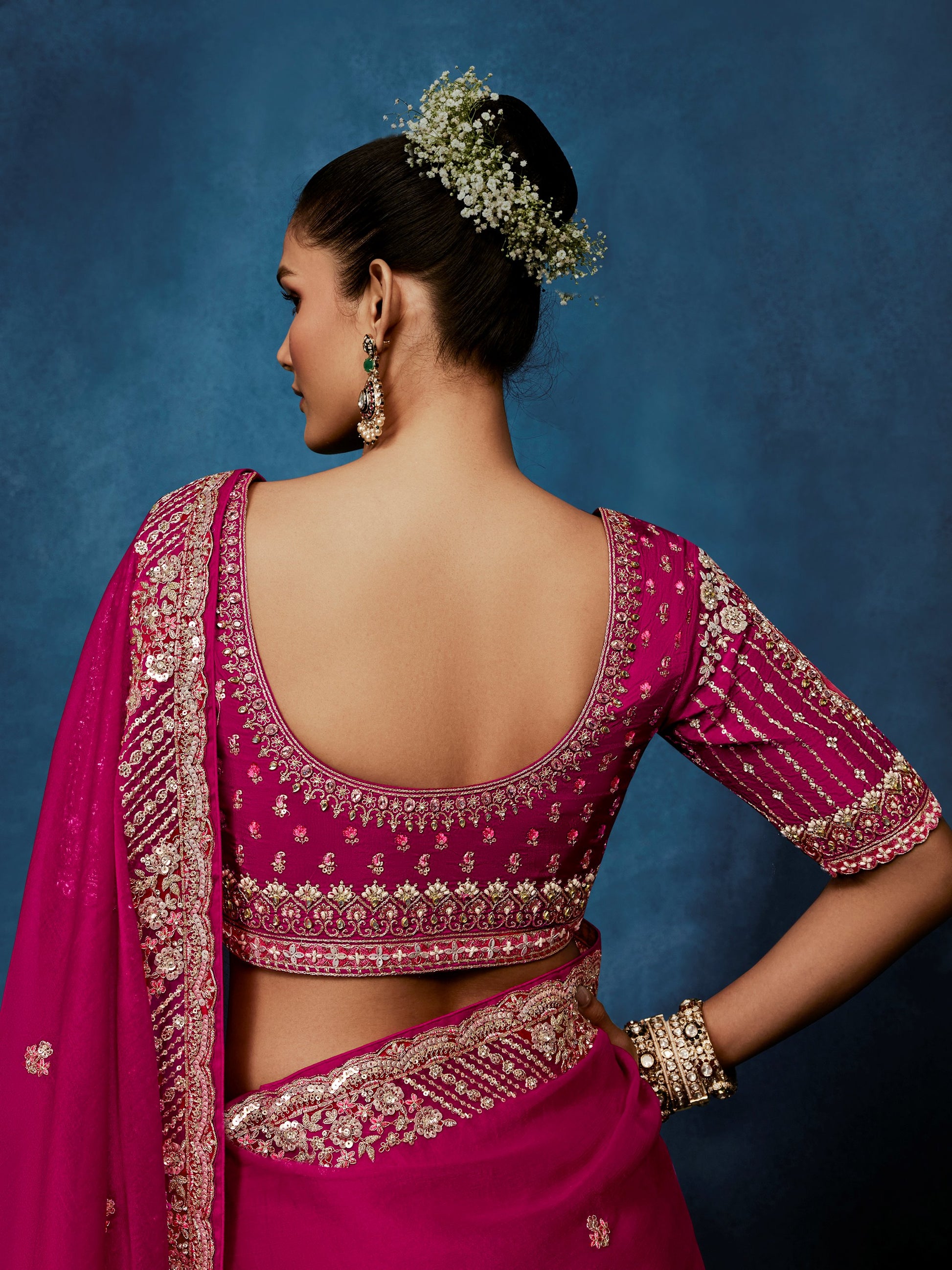 Dazzling Rani Pink Hand Work Silk Festival Wear Saree With Blouse 