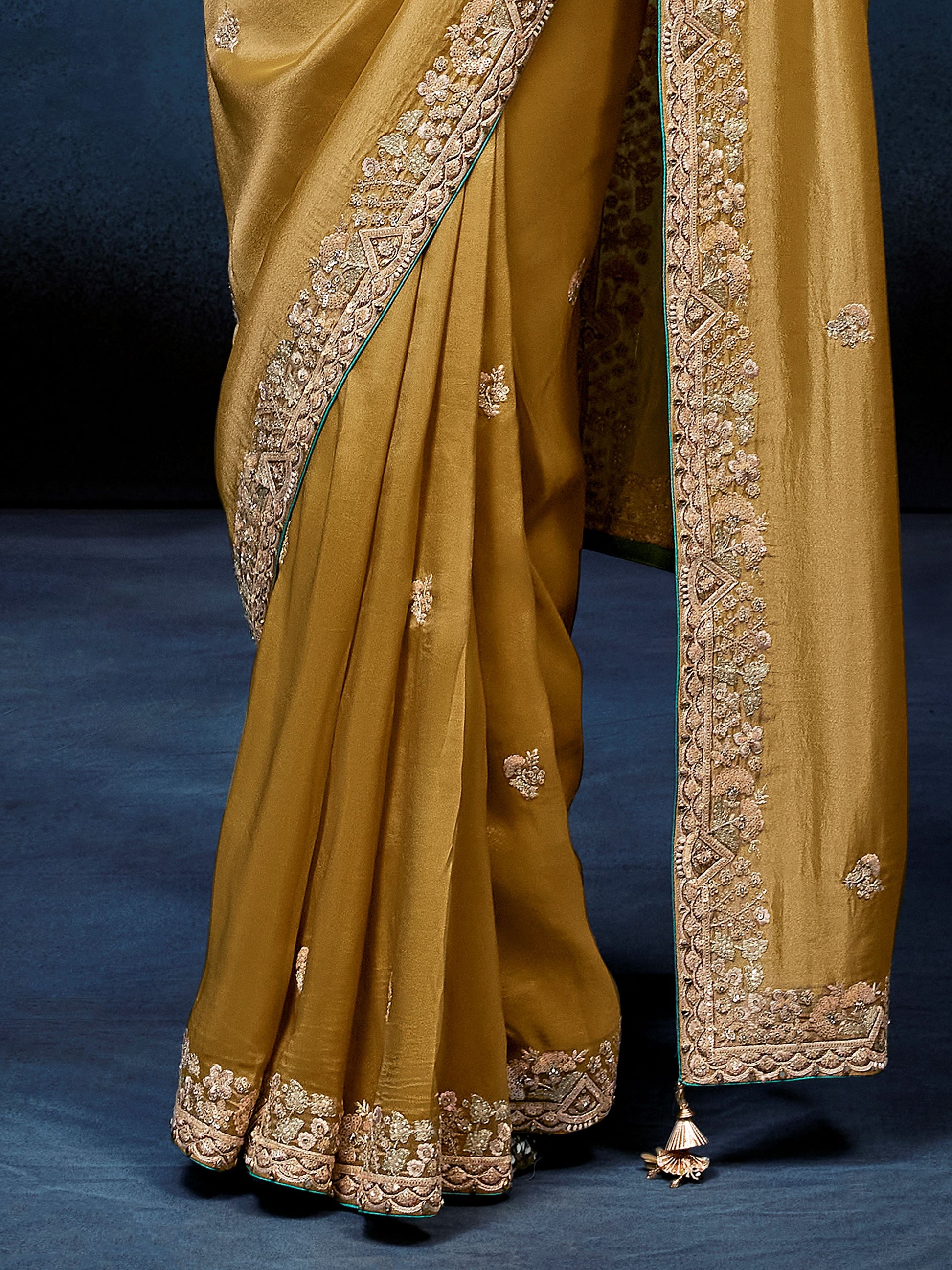 Beautiful Golden Sequins Work Silk Wedding Wear Saree With Blouse 