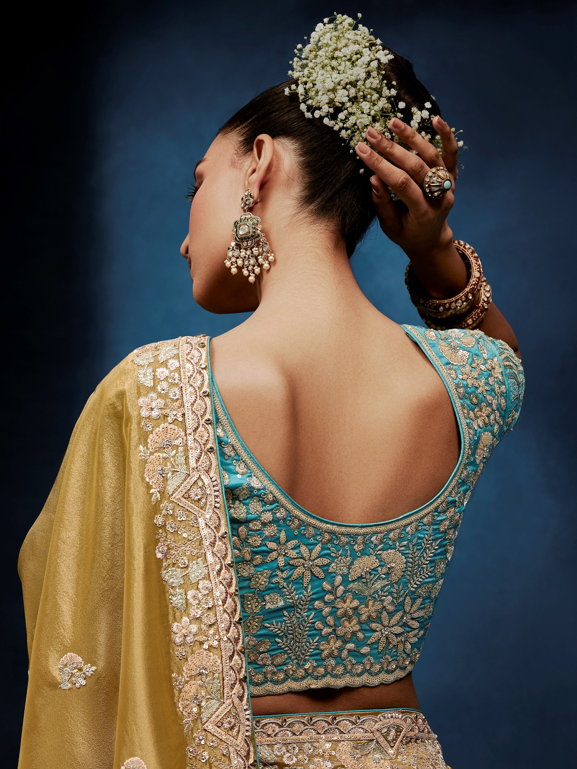 Beautiful Golden Sequins Work Silk Wedding Wear Saree With Blouse 