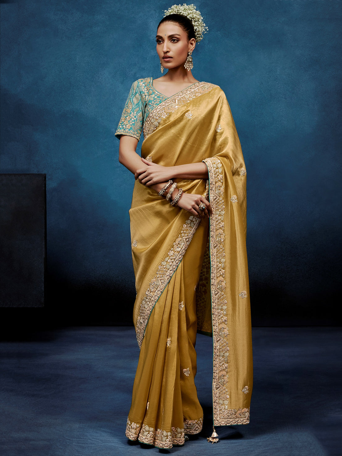 Beautiful Golden Sequins Work Silk Wedding Wear Saree With Blouse 
