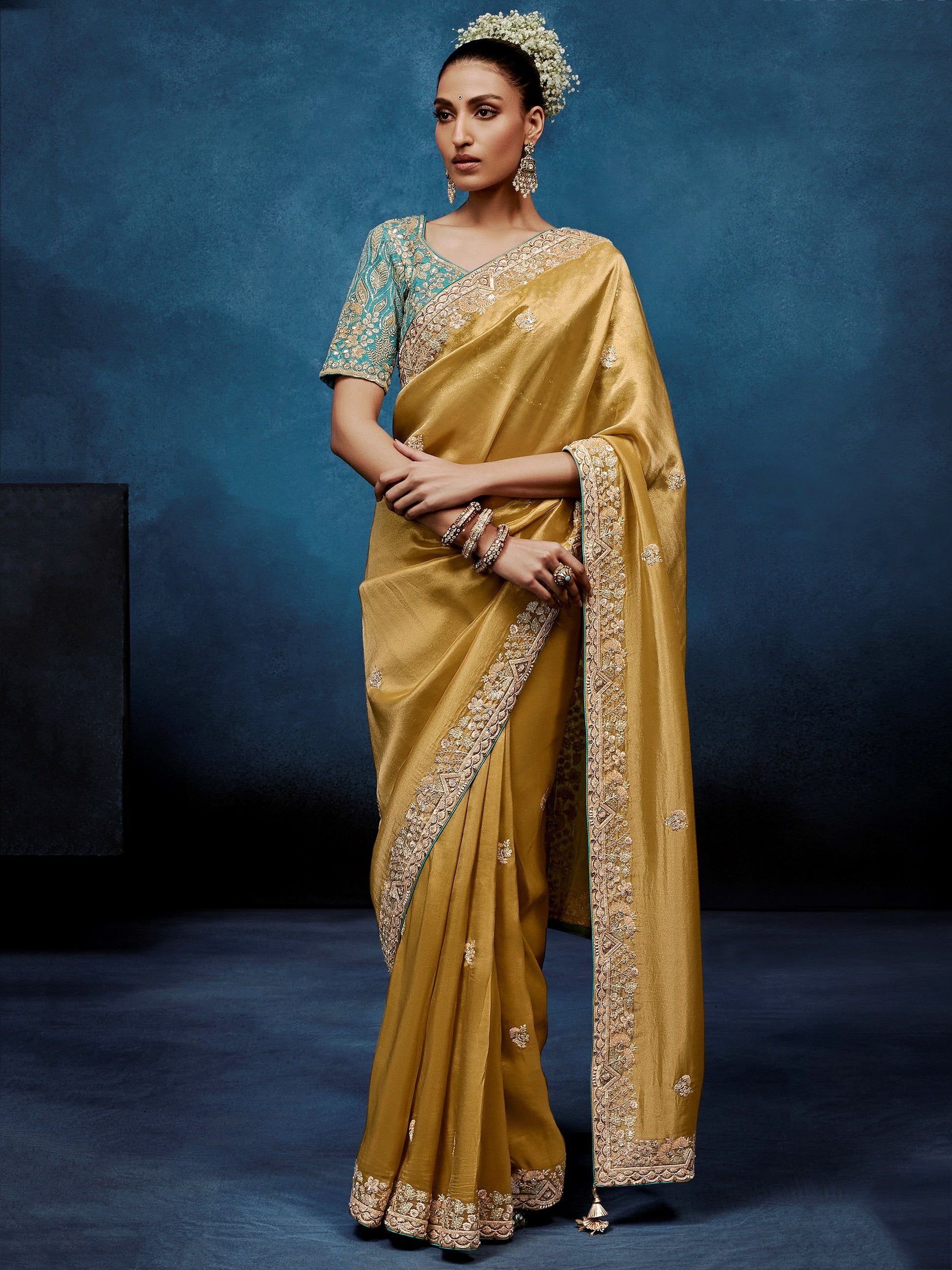 Beautiful Golden Sequins Work Silk Wedding Wear Saree With Blouse 