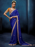 Impressive Blue Embroidery Silk Wedding Wear Saree With Blouse 