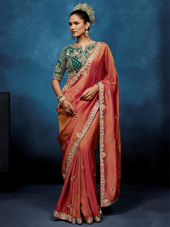Alluring Rust Orange Motifs Work Silk Wedding Wear Saree With Blouse 