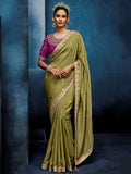 Incredible Olive Green Embroidery Silk Wedding Wear Saree With Blouse 