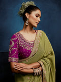 Incredible Olive Green Embroidery Silk Wedding Wear Saree With Blouse 