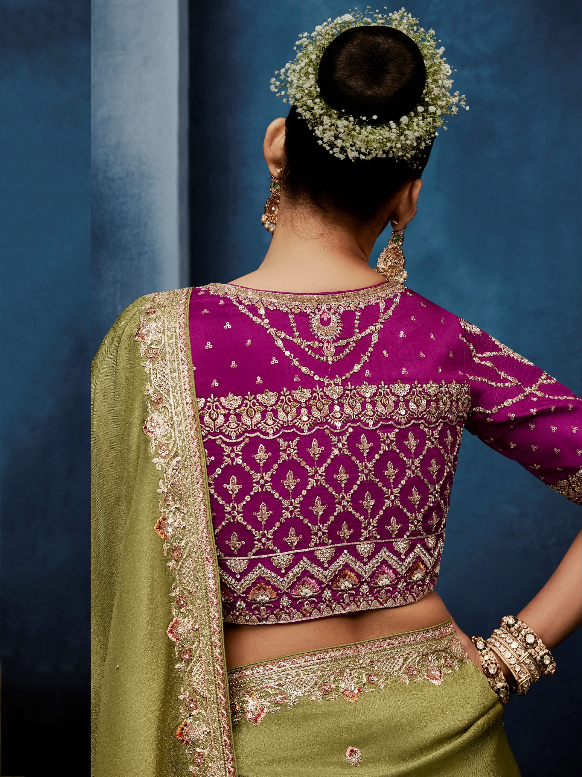 Incredible Olive Green Embroidery Silk Wedding Wear Saree With Blouse 