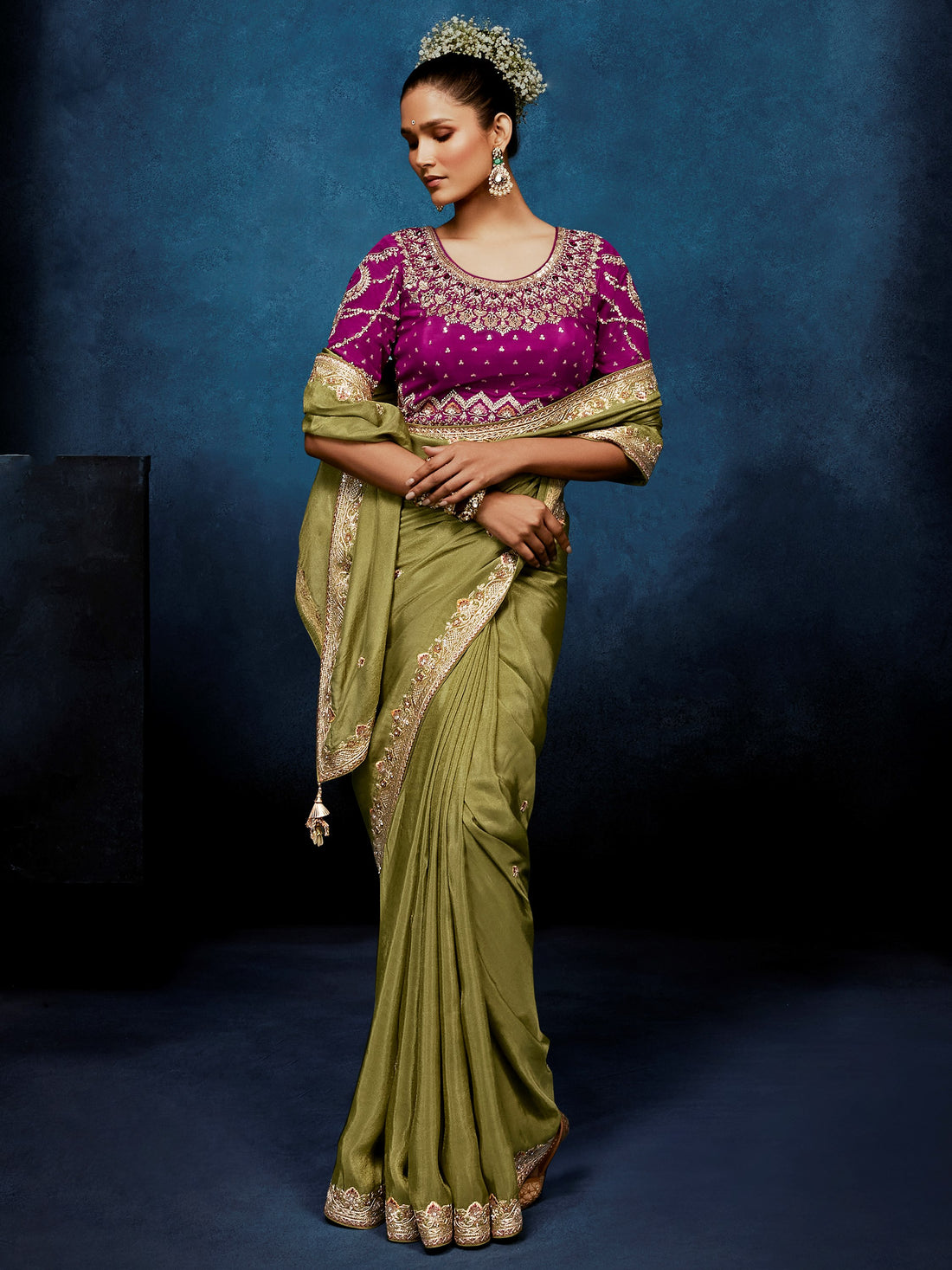 Incredible Olive Green Embroidery Silk Wedding Wear Saree With Blouse 