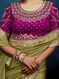 Incredible Olive Green Embroidery Silk Wedding Wear Saree With Blouse 