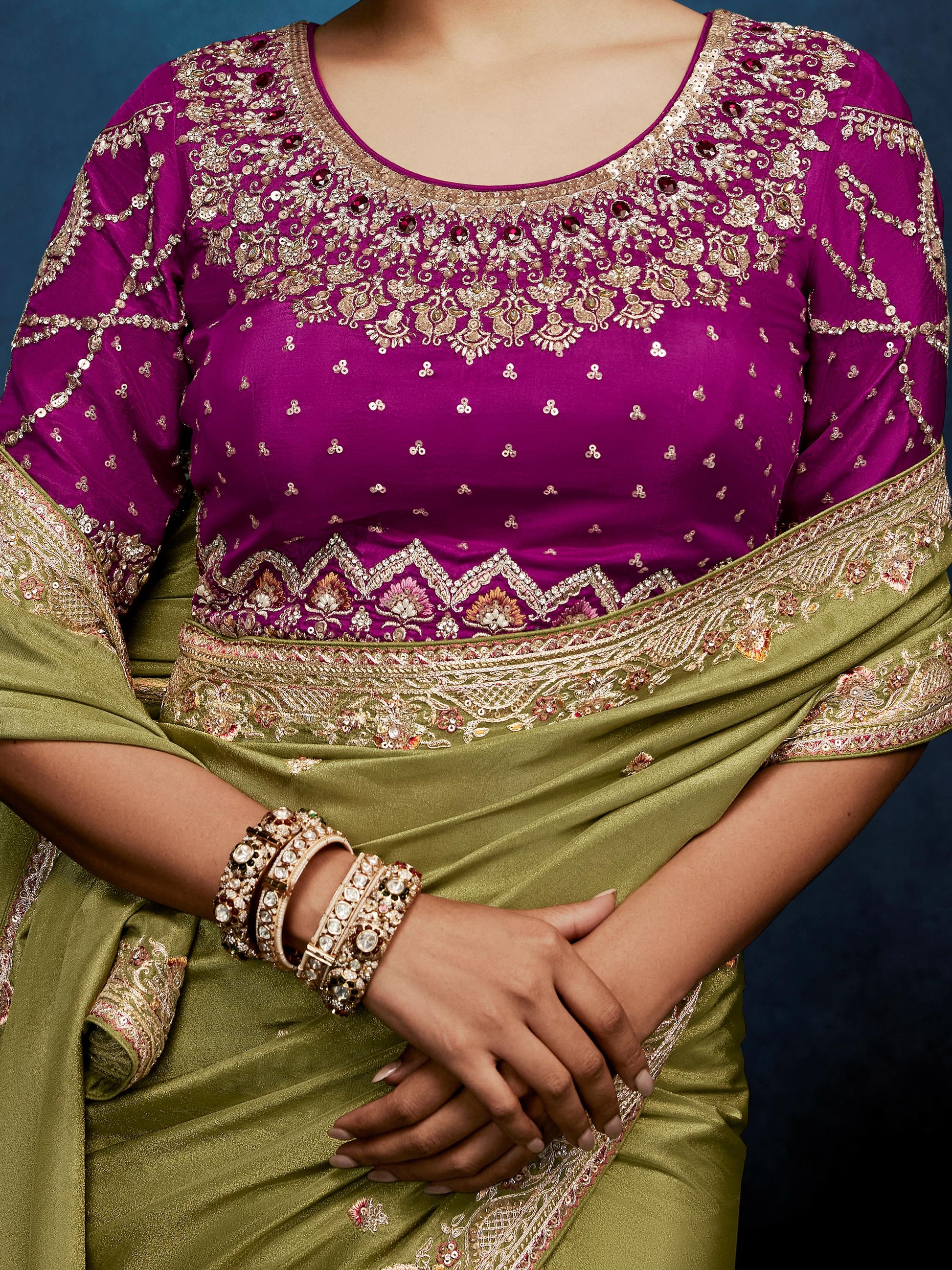 Incredible Olive Green Embroidery Silk Wedding Wear Saree With Blouse 