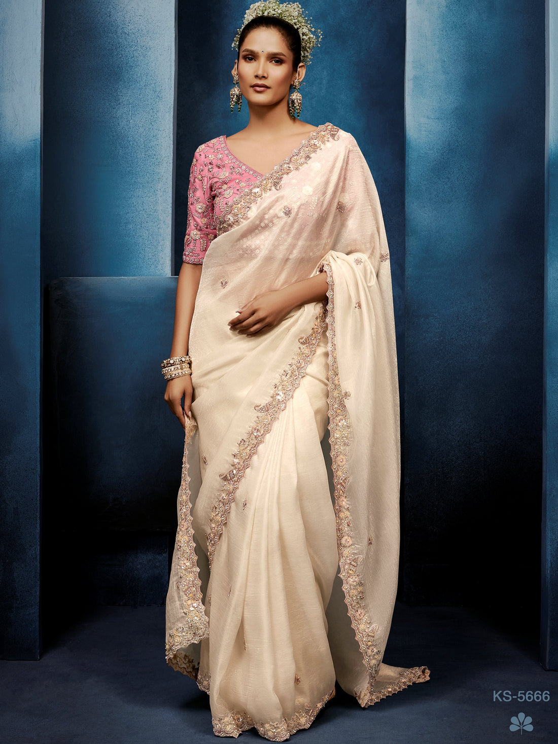Attractive Ivory Thread work Silk Wedding Wear Saree With Blouse 