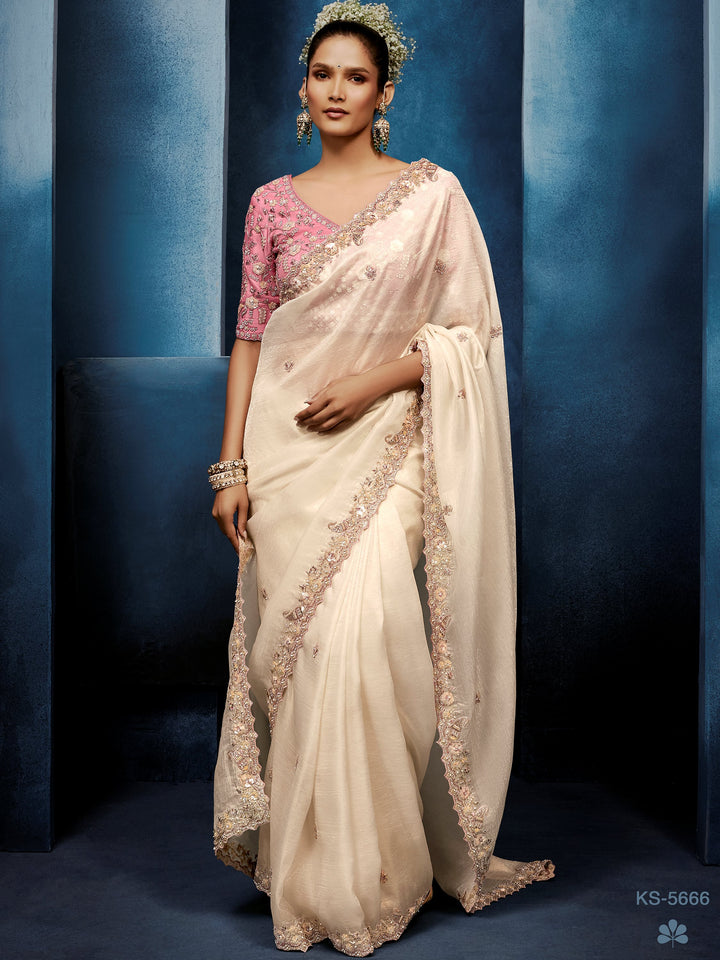Attractive Ivory Thread work Silk Wedding Wear Saree With Blouse 