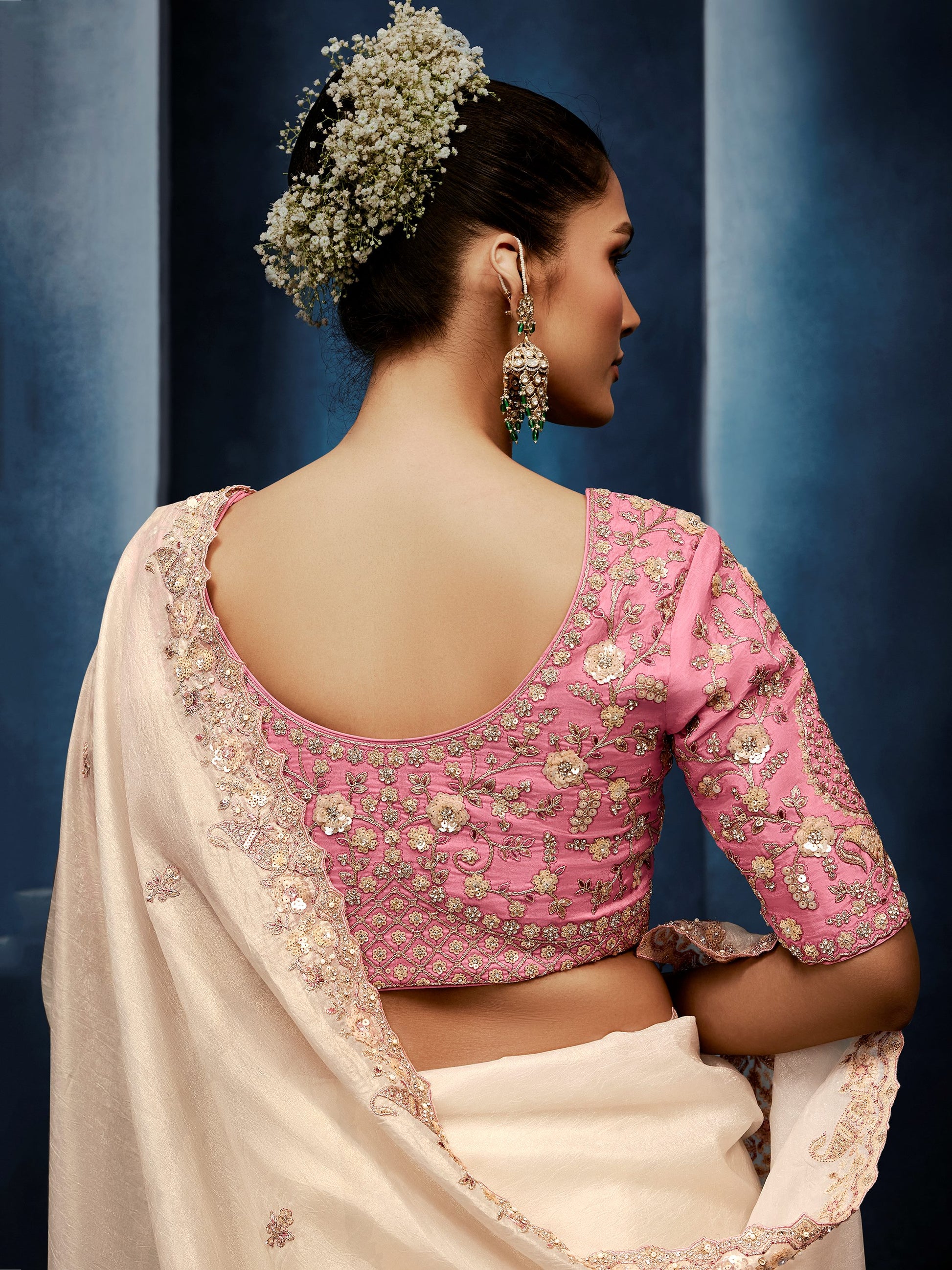 Attractive Ivory Thread work Silk Wedding Wear Saree With Blouse 