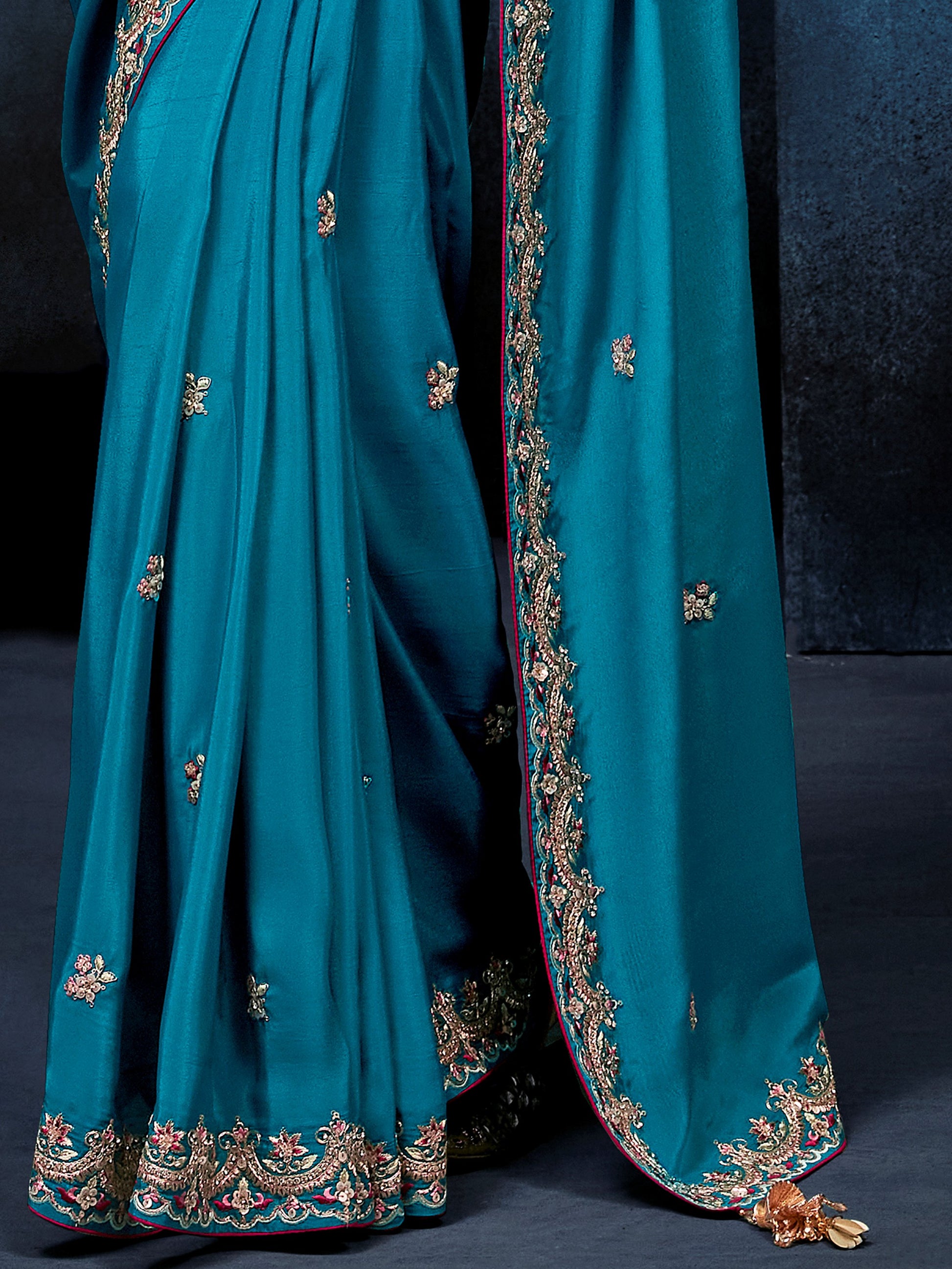 Sparkling Teal Blue Sequins work Silk Festival Wear Saree With Blouse 