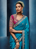 Sparkling Teal Blue Sequins work Silk Festival Wear Saree With Blouse 
