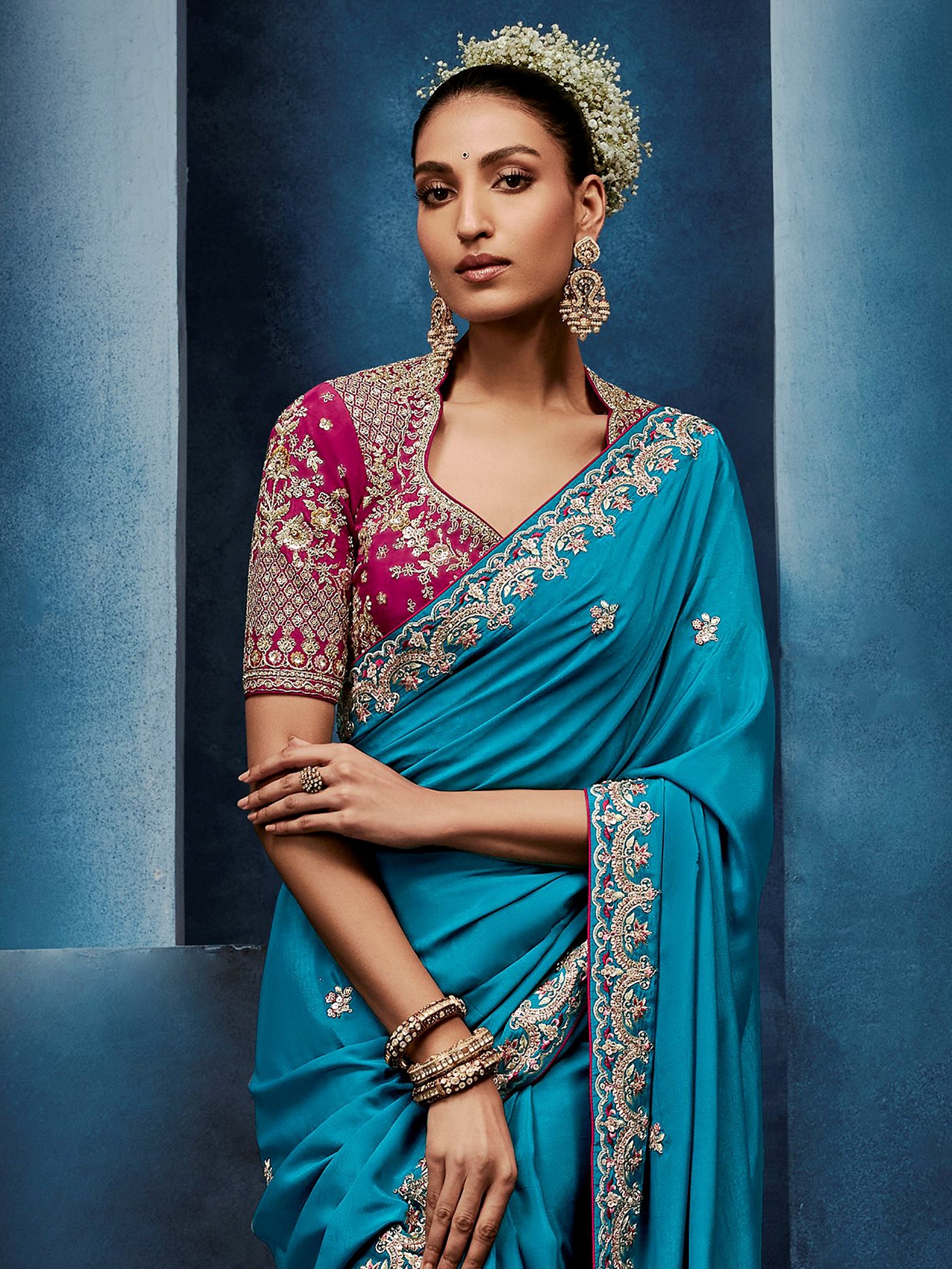 Sparkling Teal Blue Sequins work Silk Festival Wear Saree With Blouse 
