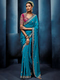 Sparkling Teal Blue Sequins work Silk Festival Wear Saree With Blouse 