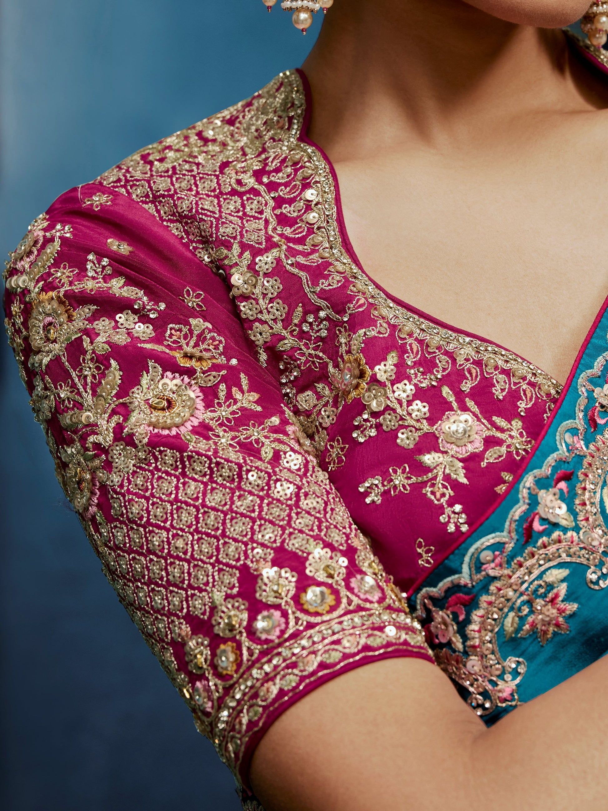 Sparkling Teal Blue Sequins work Silk Festival Wear Saree With Blouse 