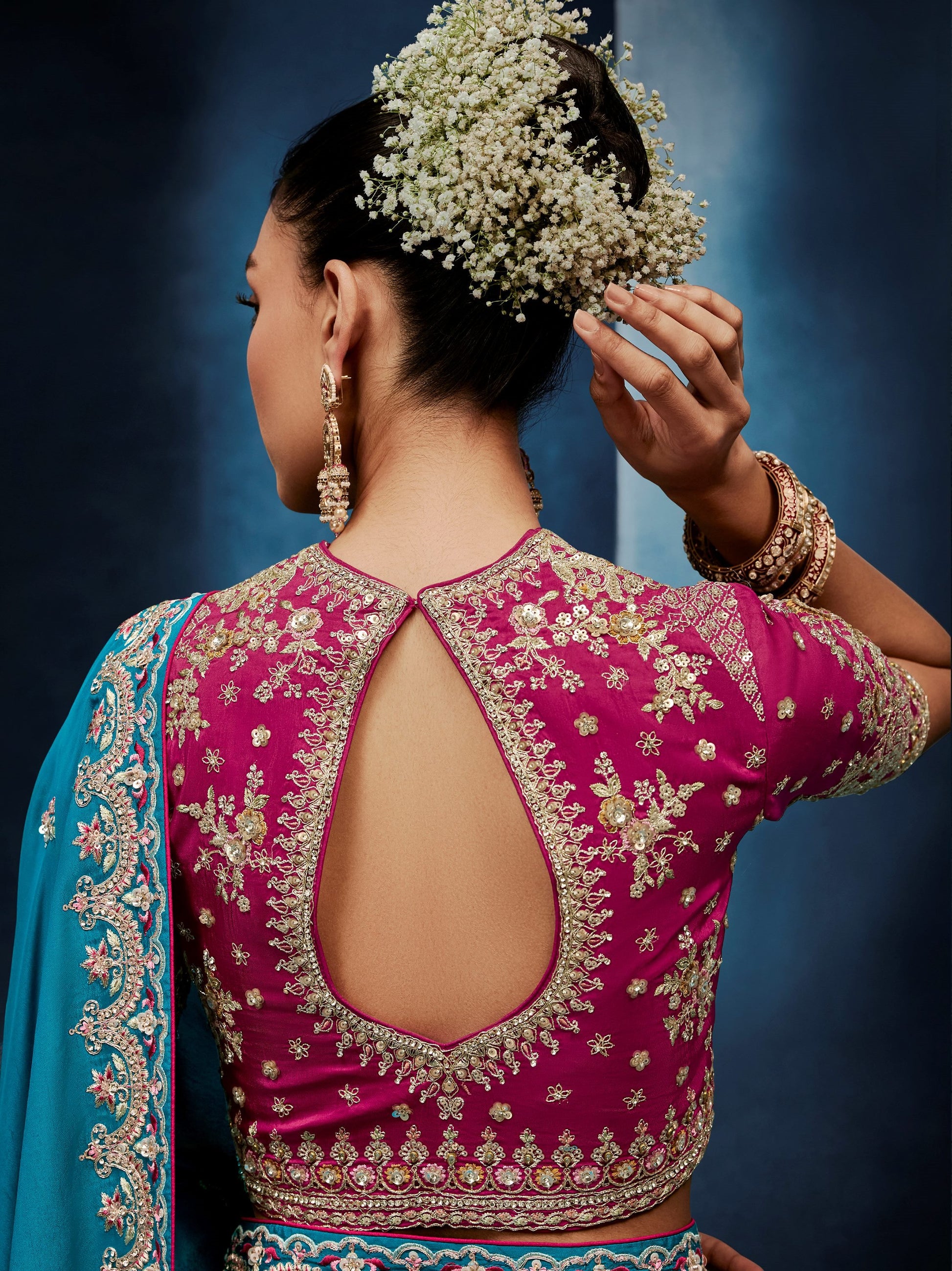 Sparkling Teal Blue Sequins work Silk Festival Wear Saree With Blouse 