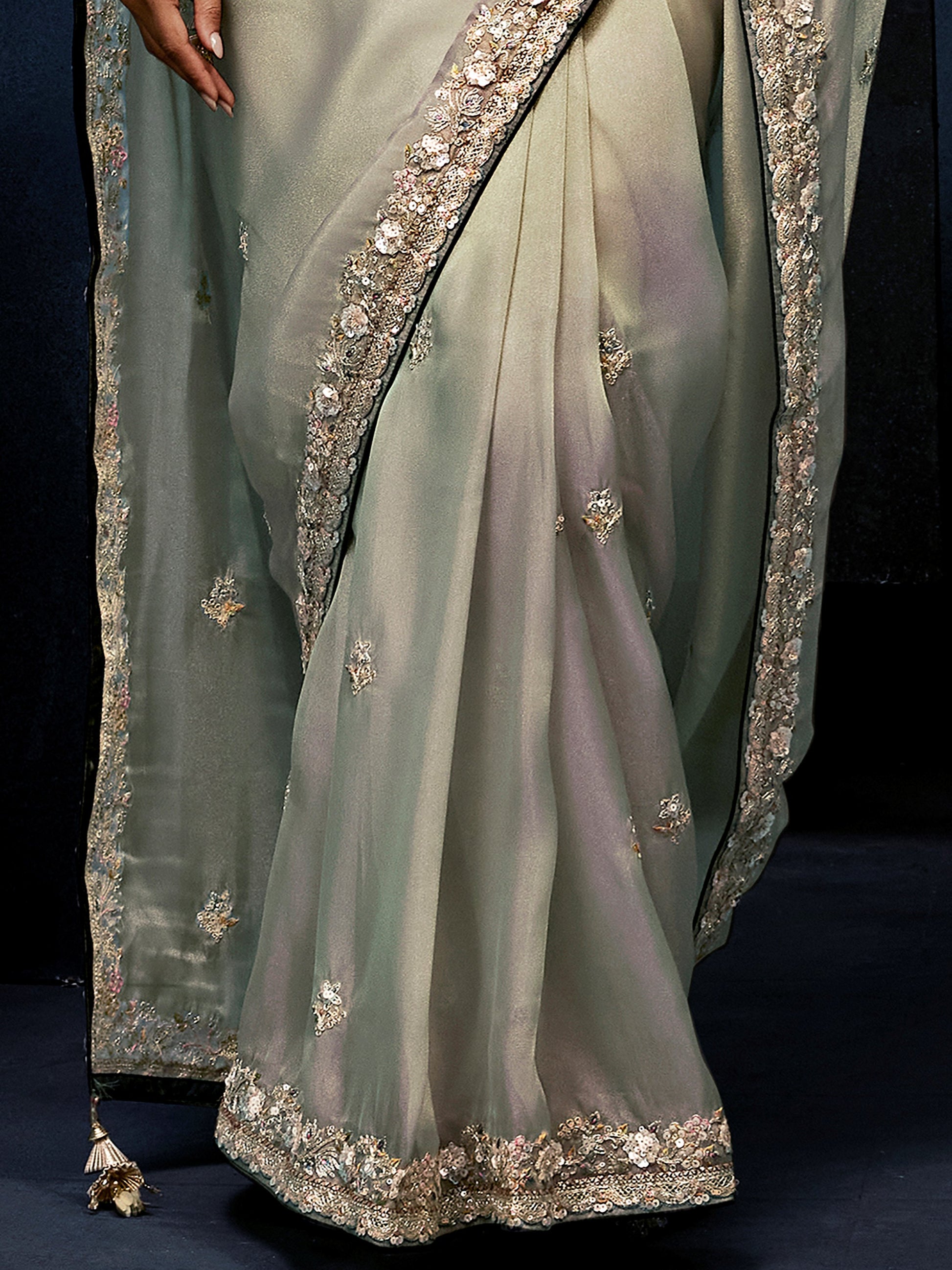 Awesome Grey Sequins Work Silk Festival Wear Saree With Blouse 
