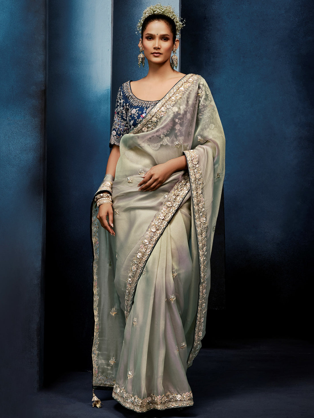 Awesome Grey Sequins Work Silk Festival Wear Saree With Blouse 