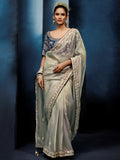 Awesome Grey Sequins Work Silk Festival Wear Saree With Blouse 