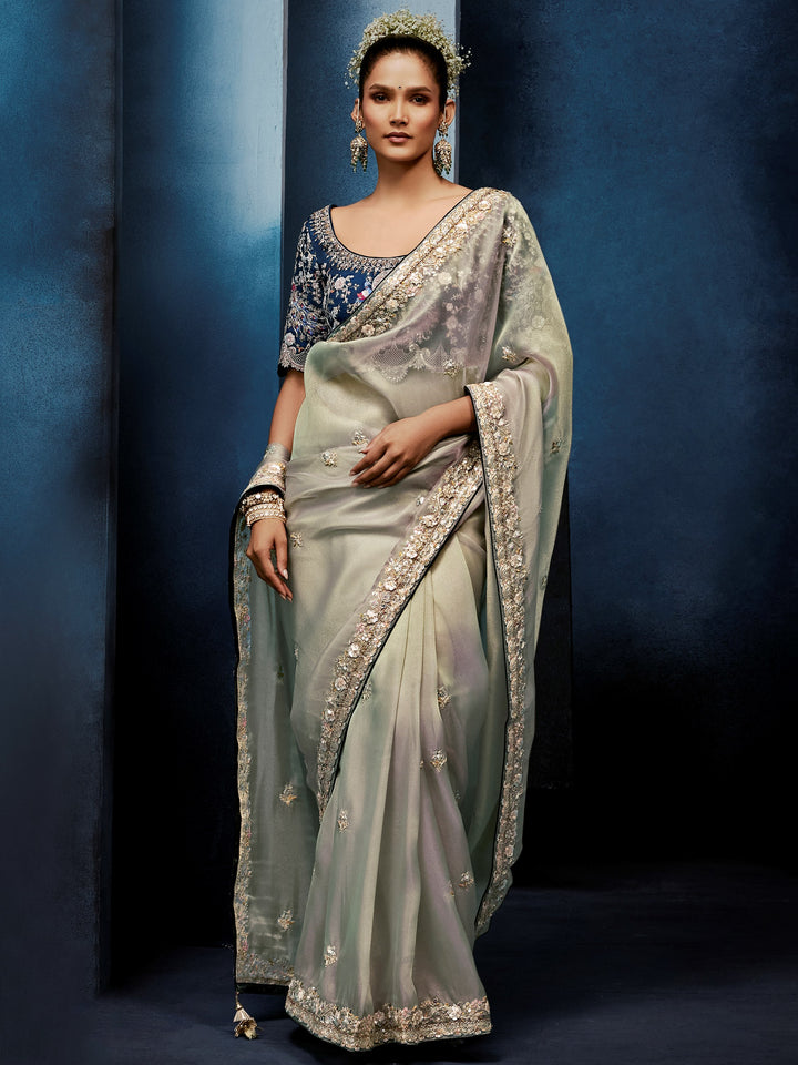 Awesome Grey Sequins Work Silk Festival Wear Saree With Blouse 