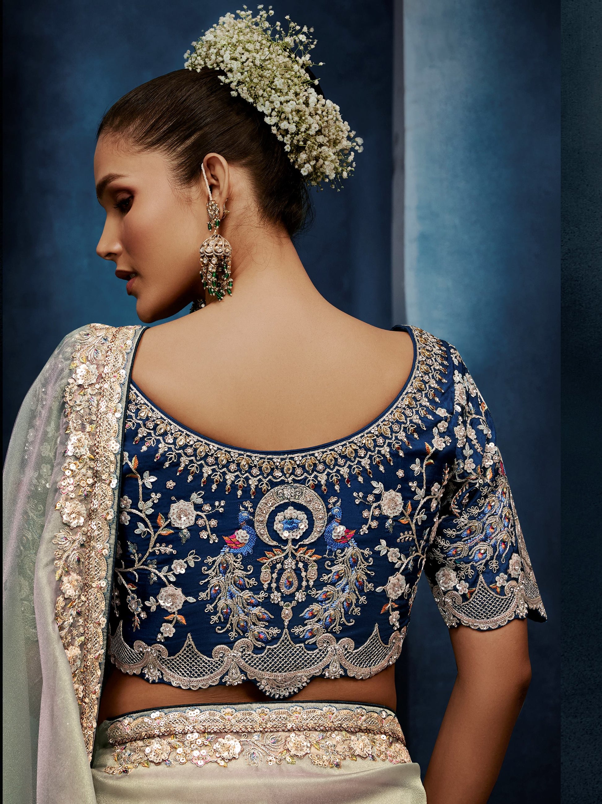 Awesome Grey Sequins Work Silk Festival Wear Saree With Blouse 
