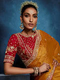 Pretty Mustard Yellow Hand Work Silk Festival Wear Saree With Blouse 