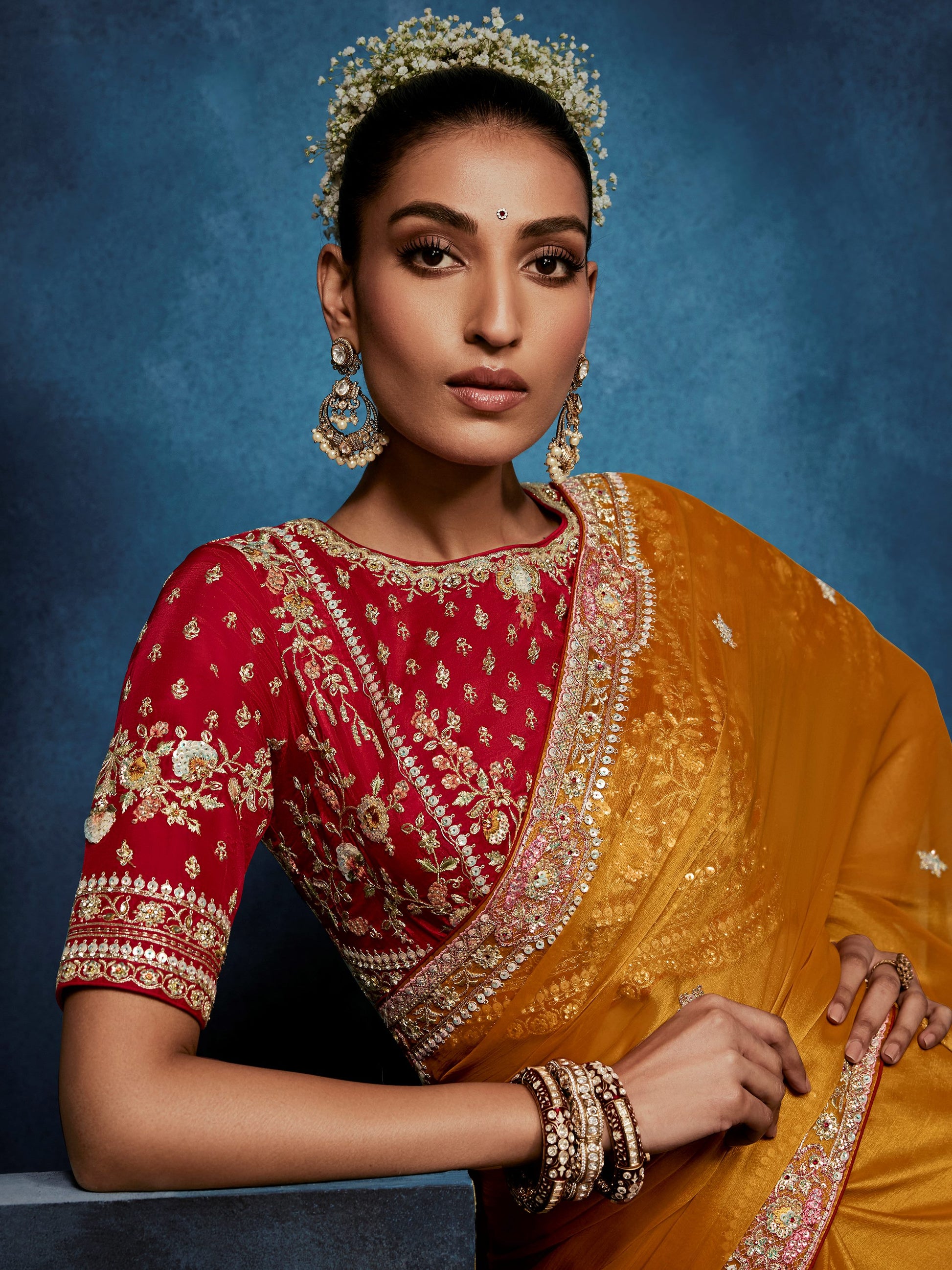 Pretty Mustard Yellow Hand Work Silk Festival Wear Saree With Blouse 