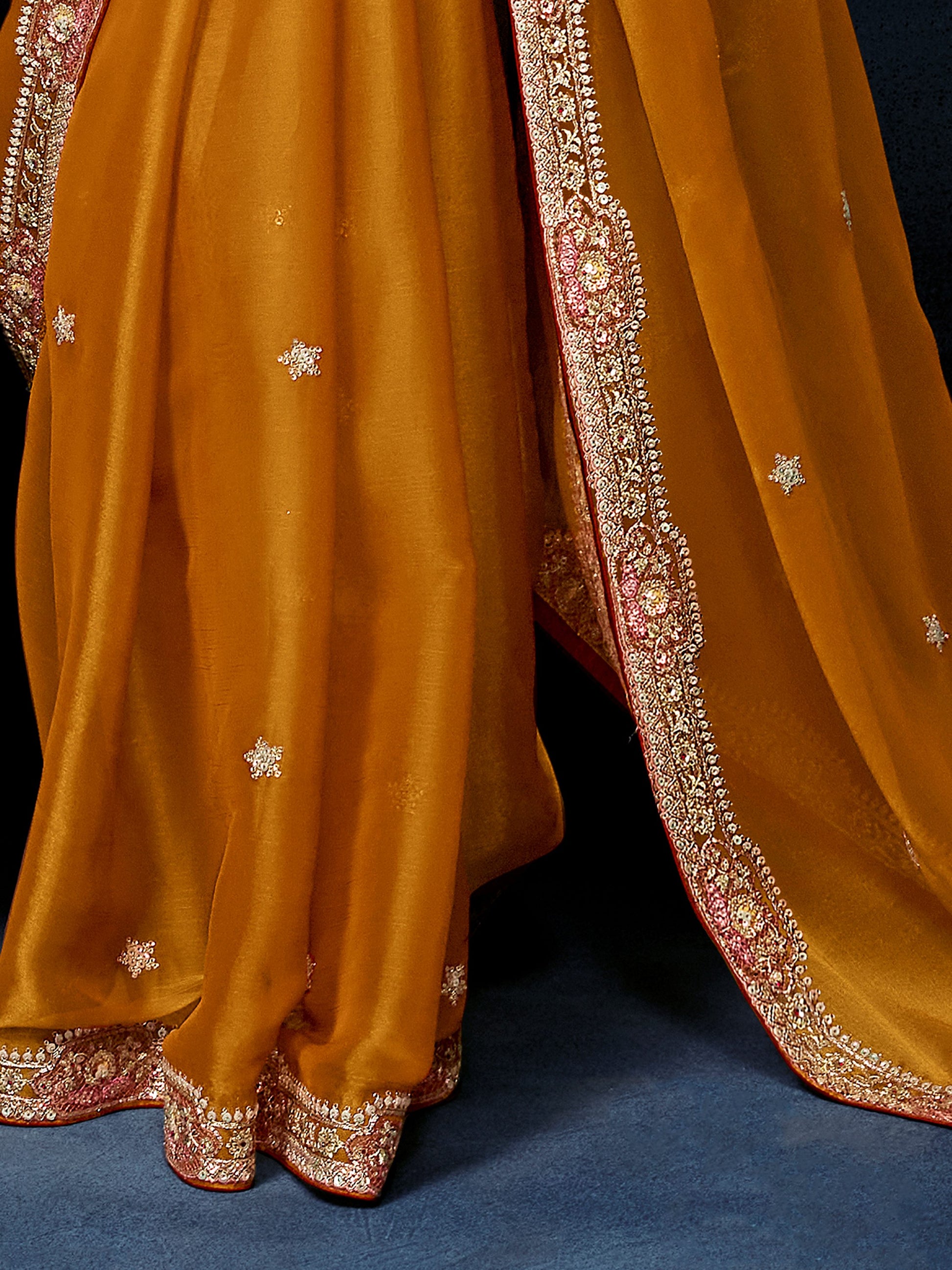 Pretty Mustard Yellow Hand Work Silk Festival Wear Saree With Blouse 