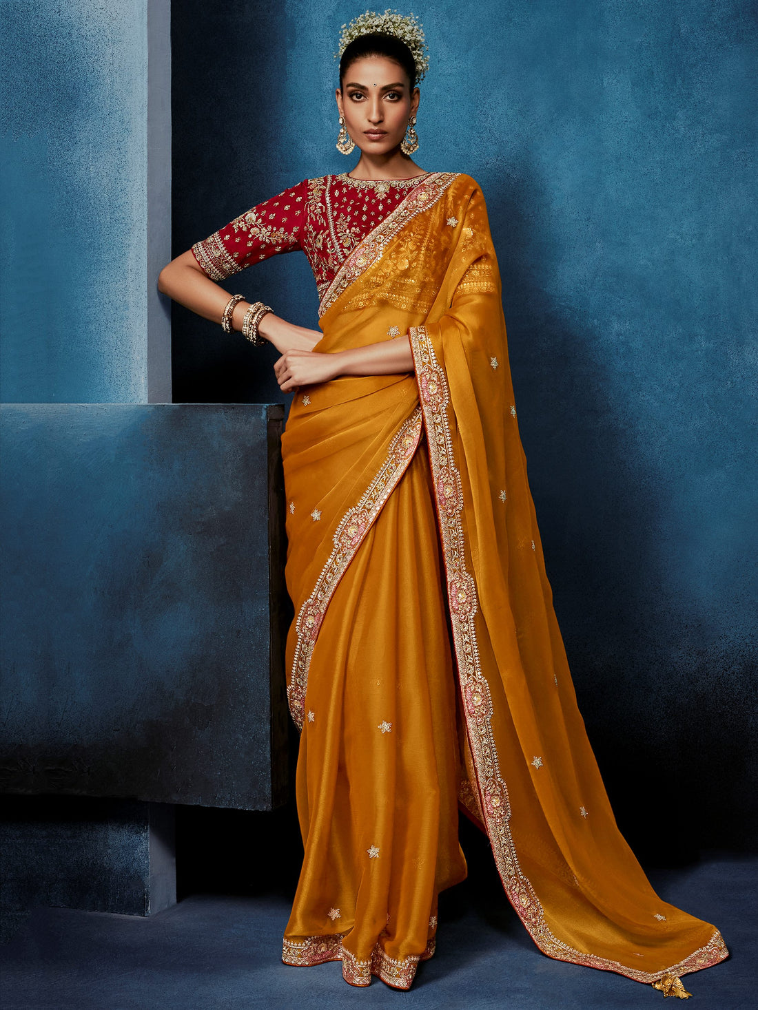 Pretty Mustard Yellow Hand Work Silk Festival Wear Saree With Blouse 