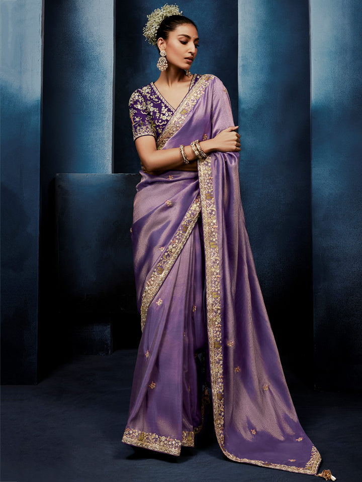 Wonderful Lavender Motifs Work Silk Wedding Wear Saree With Blouse 