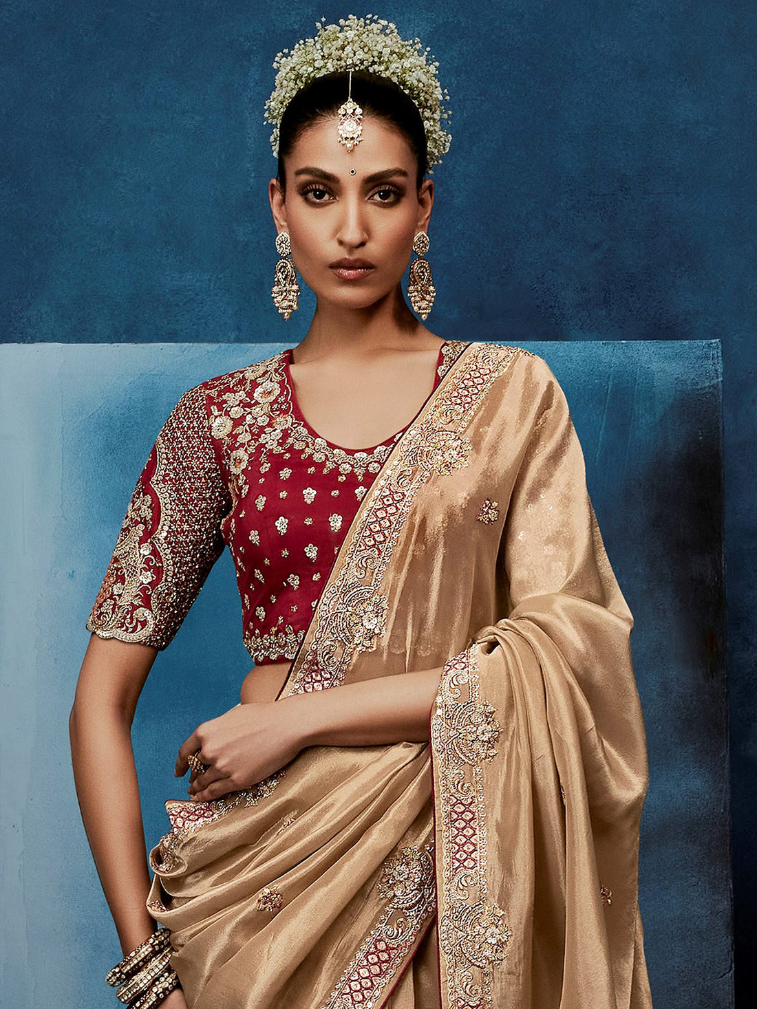 Beautiful Beige Motifs Work Silk Wedding Wear Saree With Blouse 