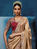 Beautiful Beige Motifs Work Silk Wedding Wear Saree With Blouse 