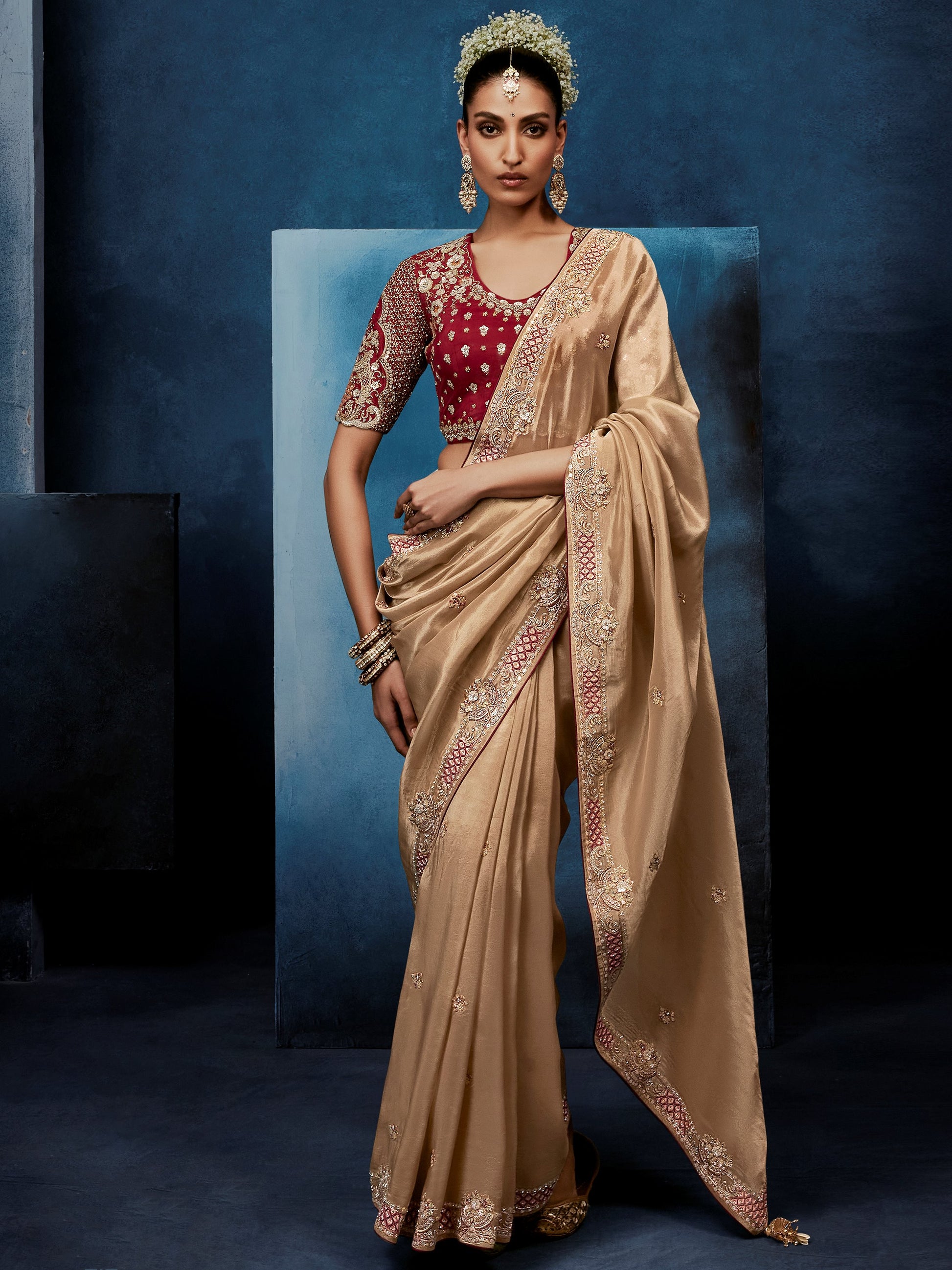Beautiful Beige Motifs Work Silk Wedding Wear Saree With Blouse 