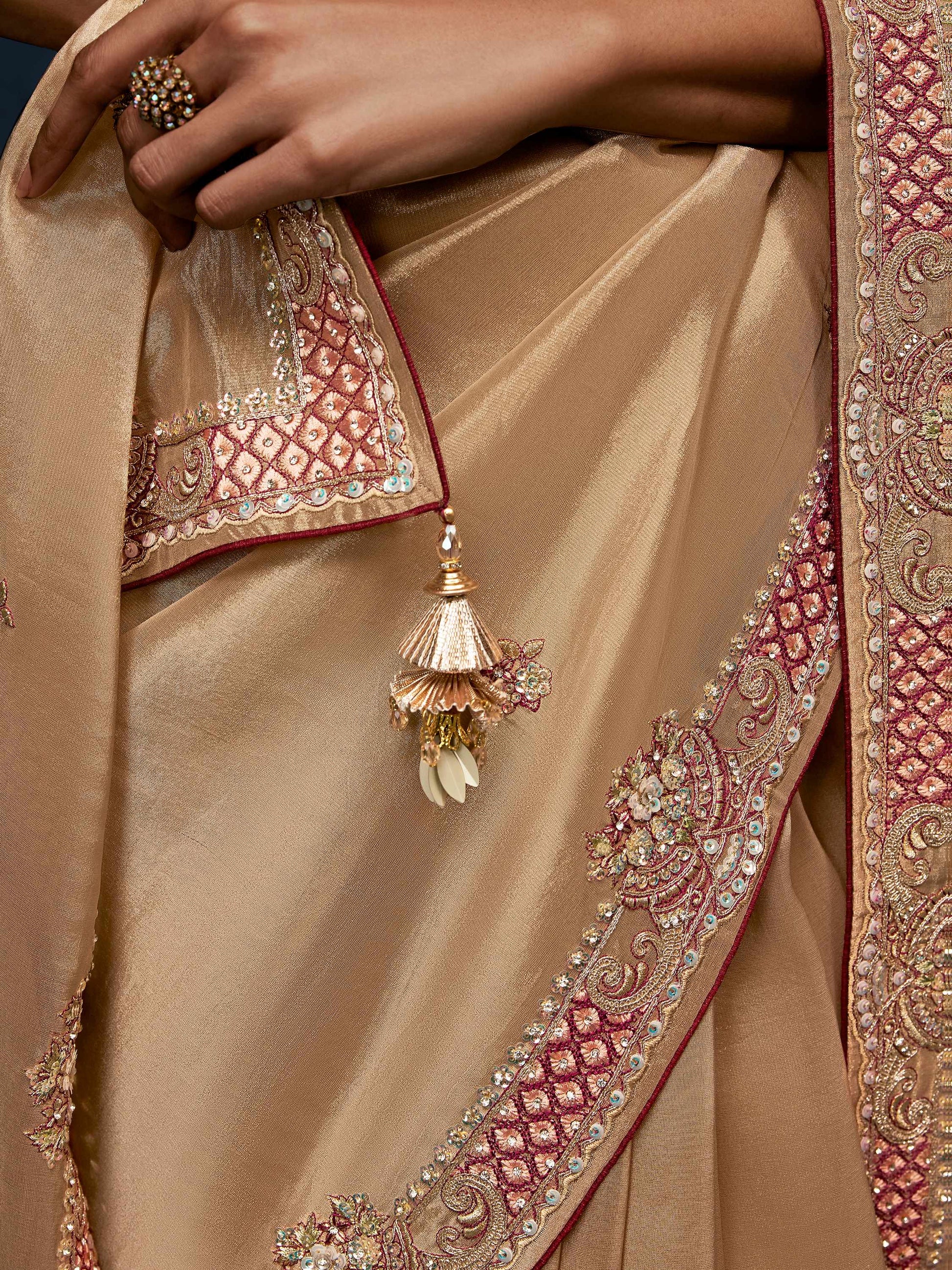 Beautiful Beige Motifs Work Silk Wedding Wear Saree With Blouse 