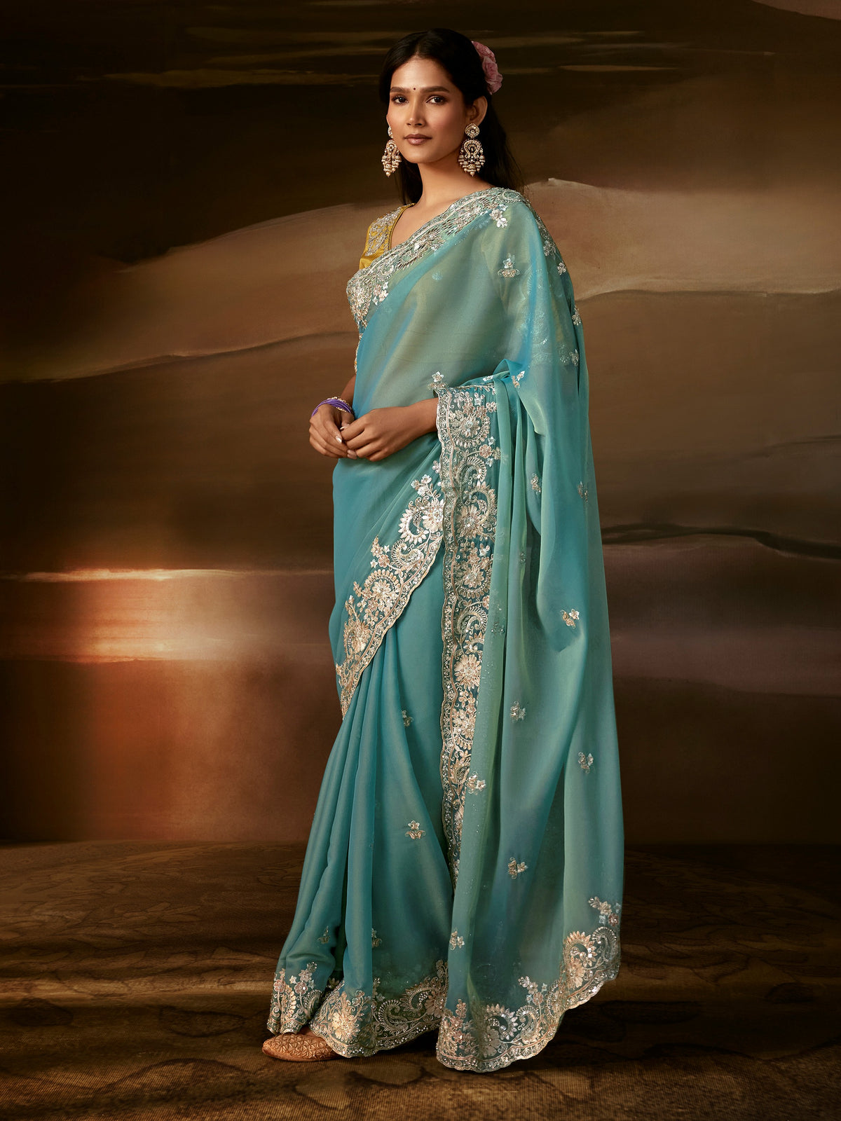 Exquisite Aqua Blue Aari Work Organza Wedding Wear Saree With Blouse