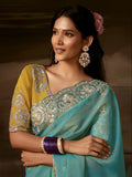 Exquisite Aqua Blue Aari Work Organza Wedding Wear Saree With Blouse