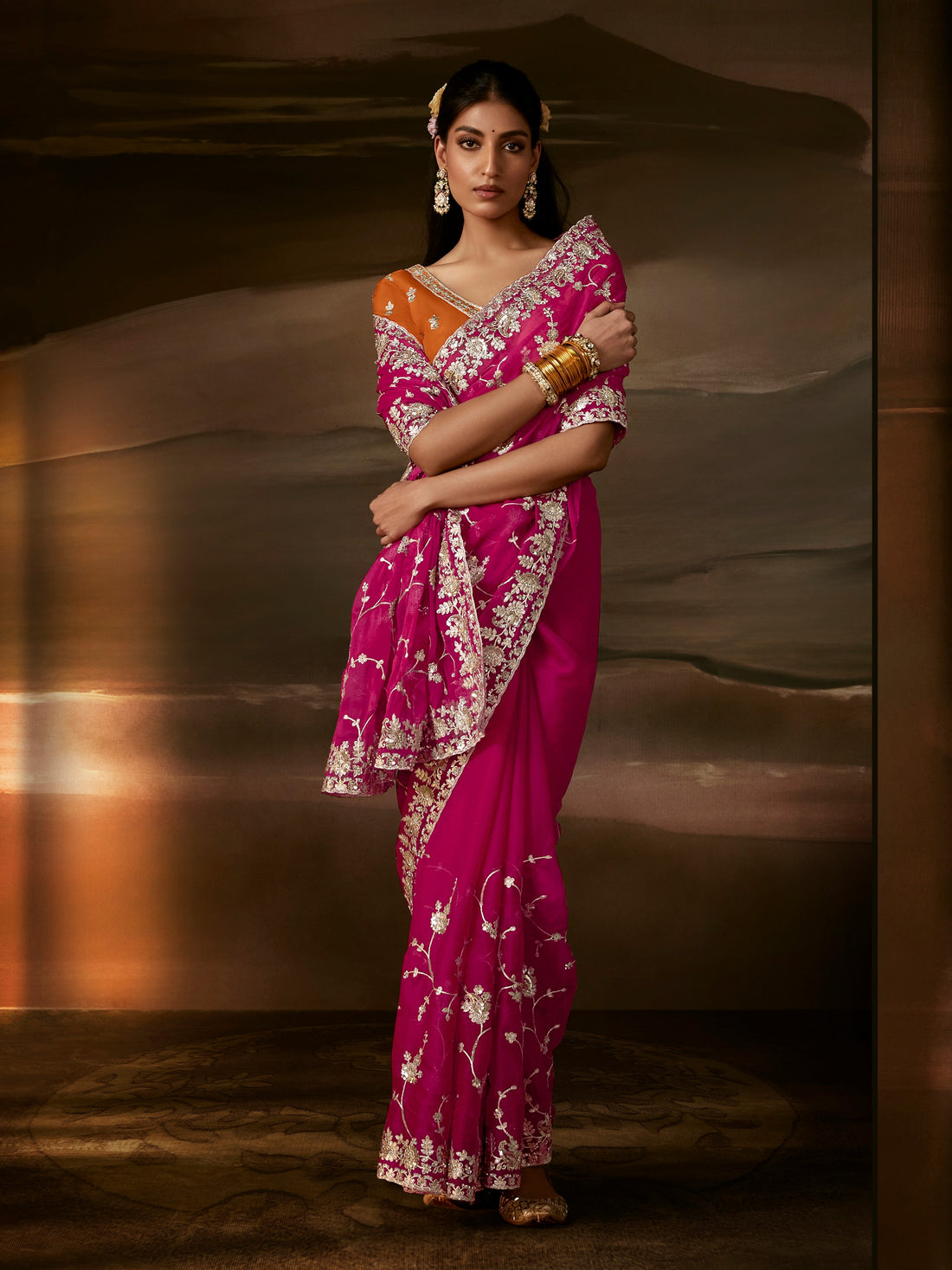 Regal Rani Pink Aari Work Organza Wedding Wear Saree