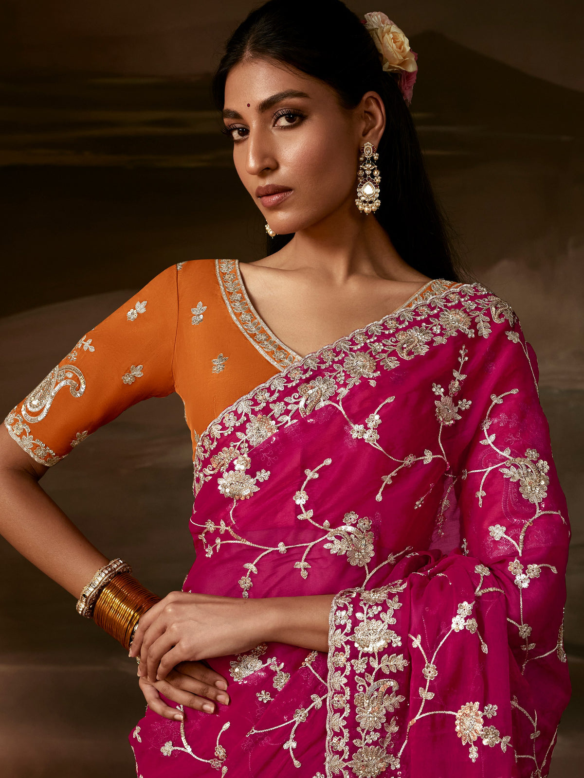 Regal Rani Pink Aari Work Organza Wedding Wear Saree