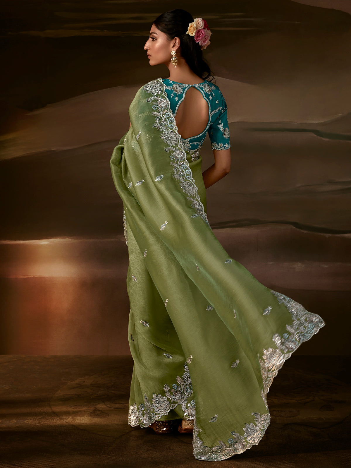 Graceful Olive Green Aari Work Organza Wedding Wear Saree