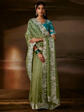 Graceful Olive Green Aari Work Organza Wedding Wear Saree