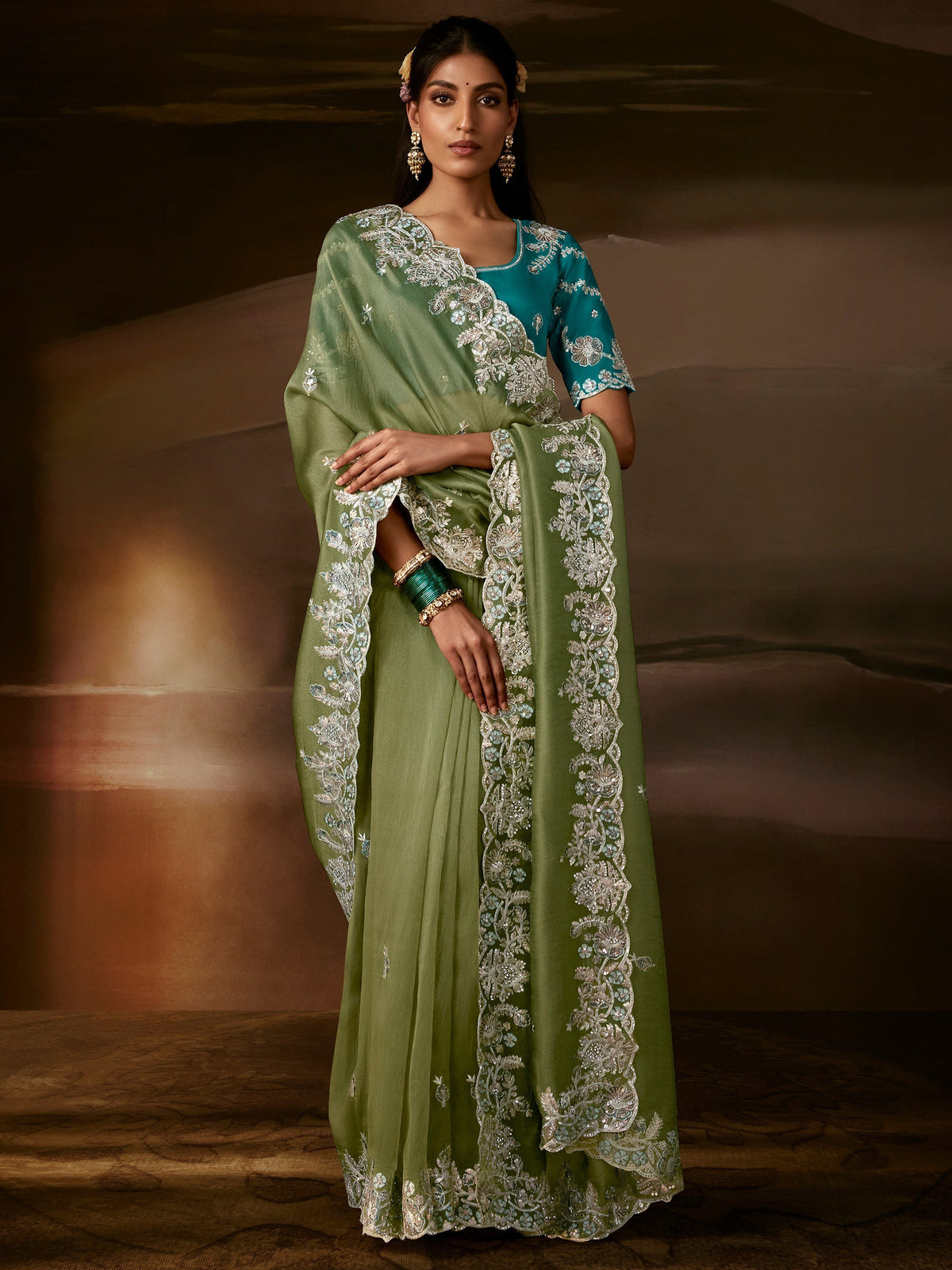 Graceful Olive Green Aari Work Organza Wedding Wear Saree