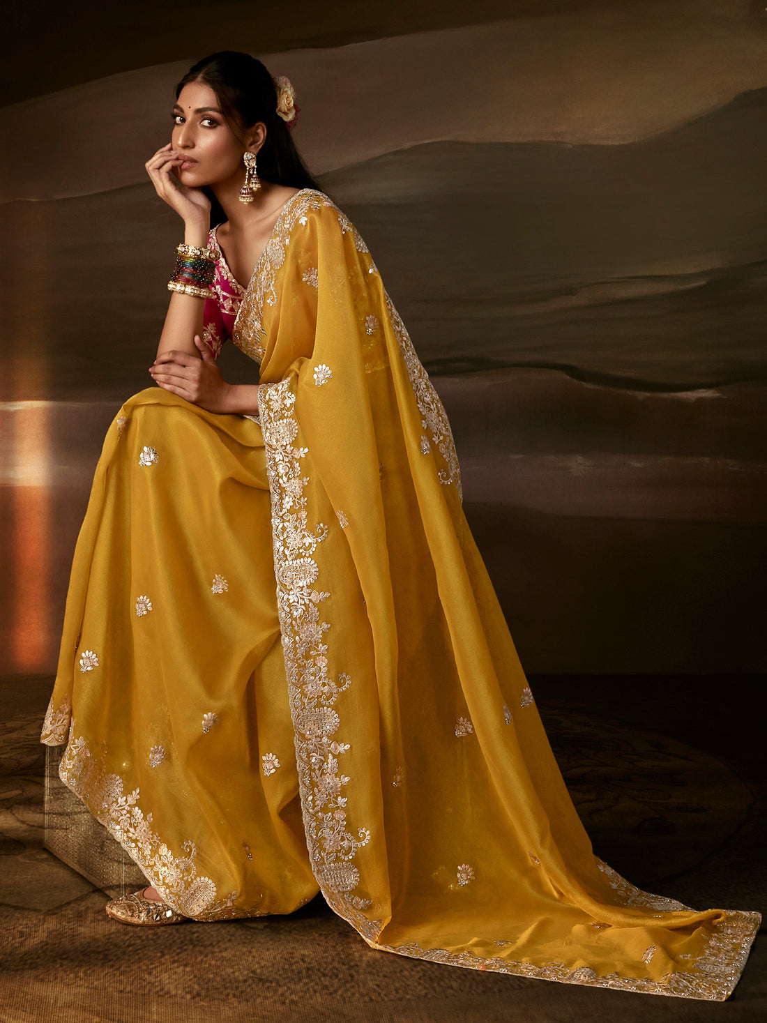 Captivating Mustard Yellow Aari Work Organza Wedding Wear Saree