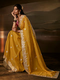 Captivating Mustard Yellow Aari Work Organza Wedding Wear Saree