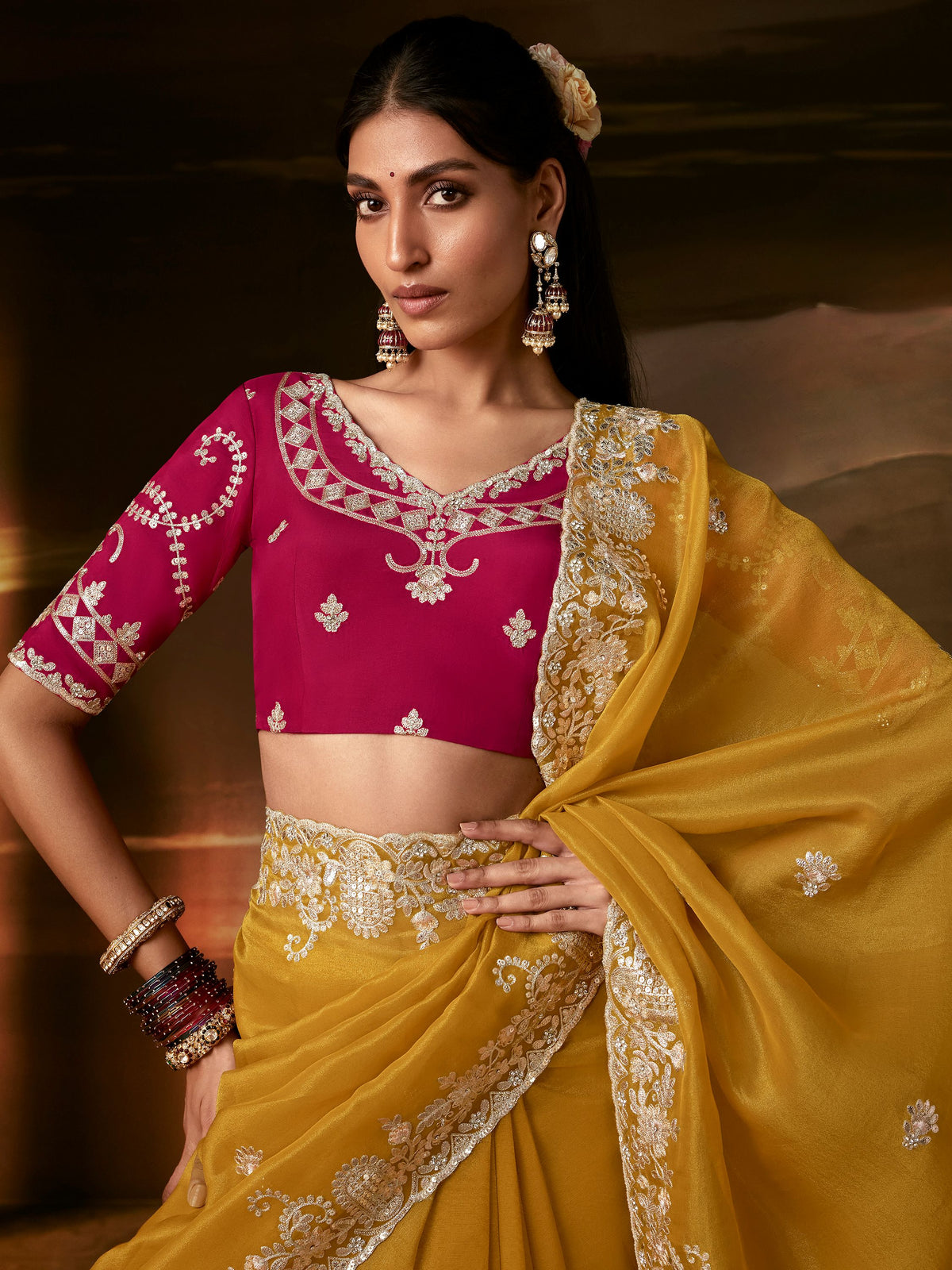 Captivating Mustard Yellow Aari Work Organza Wedding Wear Saree