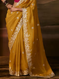 Captivating Mustard Yellow Aari Work Organza Wedding Wear Saree