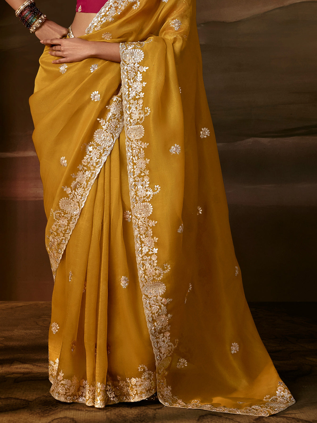 Captivating Mustard Yellow Aari Work Organza Wedding Wear Saree