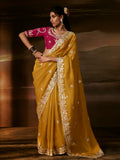 Captivating Mustard Yellow Aari Work Organza Wedding Wear Saree
