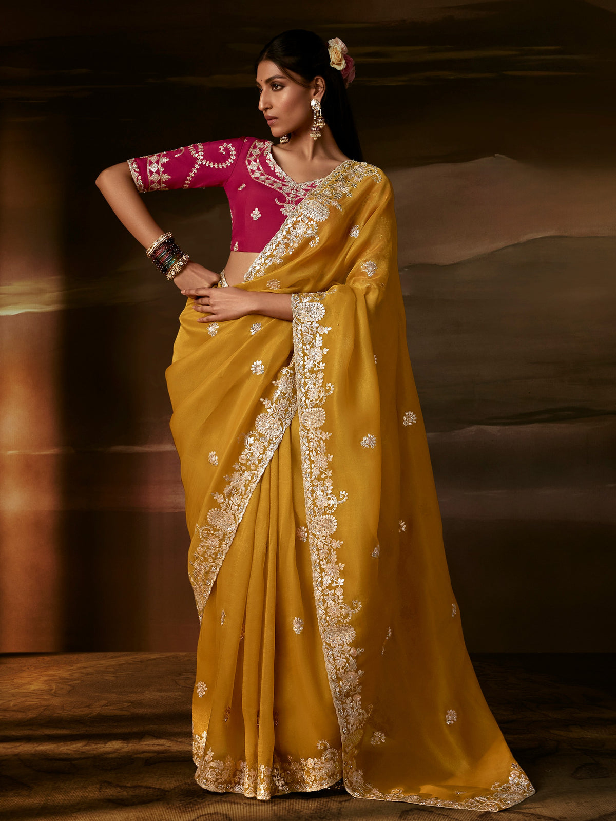 Captivating Mustard Yellow Aari Work Organza Wedding Wear Saree